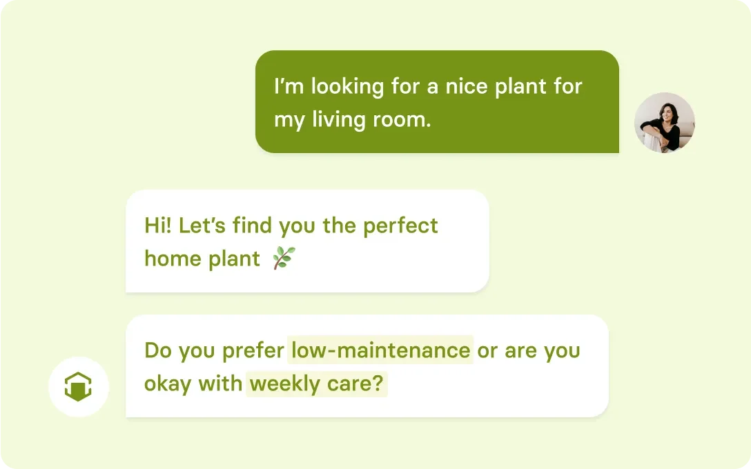 Alhena promotional image showing a shopper asking for a living-room plant and the assistant asking about maintenance preferences.