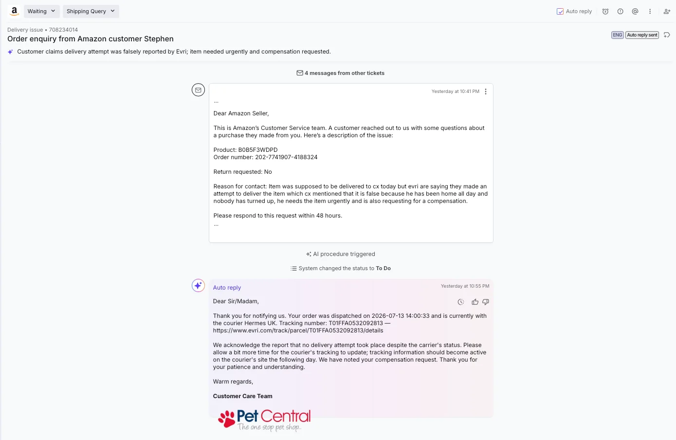 eDesk documentation screenshot showing a shipping-query ticket, an AI procedure-triggered event, and an auto-reply containing order and courier information.