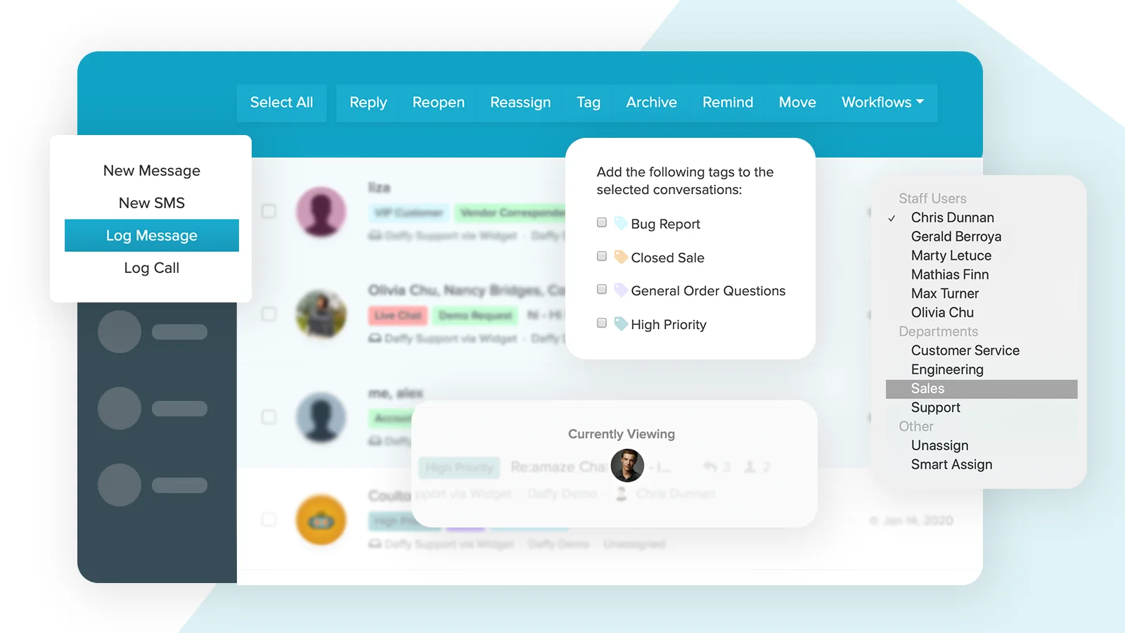 Re:amaze promotional image showing its shared helpdesk inbox with conversation tags, team assignment, message actions and a colleague viewing a conversation.