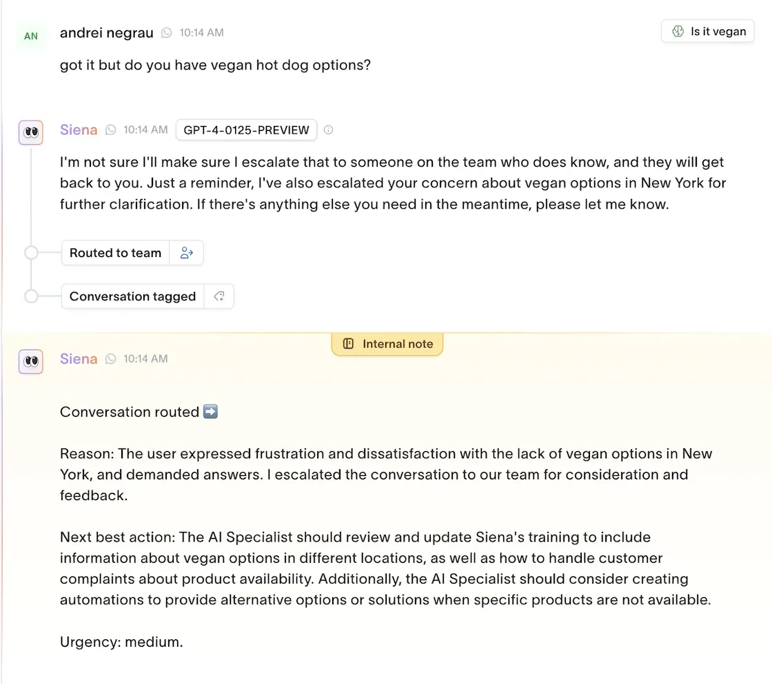 Siena conversation example from March 2024 showing a question about vegan options, a reply escalating to a human team, routing tags and an internal handoff note.